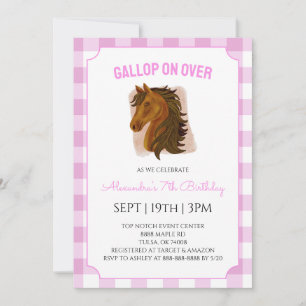 Pink Gingham Horse Riding Birthday Party Invitation