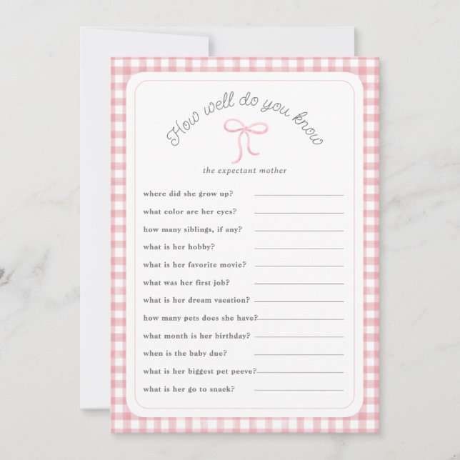 Pink gingham How well do you know shower Game Card (Front)