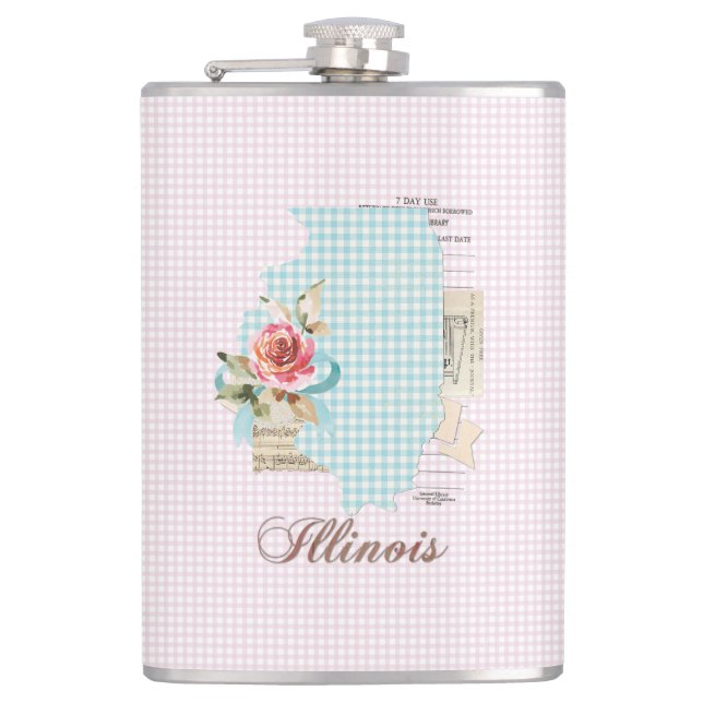 Pink Gingham Illinois State Vinyl Wrapped Flask (Front)