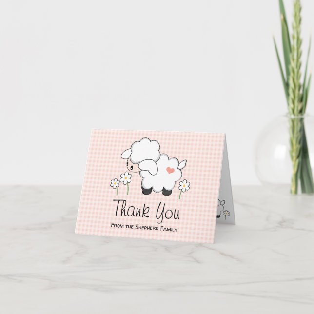 Pink Gingham Lamb Baby Shower Thank You Card (Front)