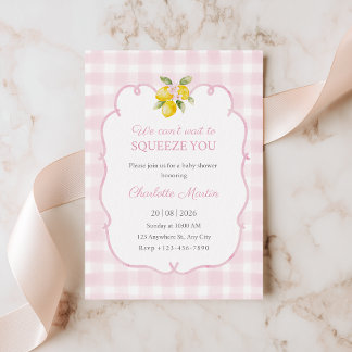 Pink Gingham Lemon Baby Shower Invitation for Girl