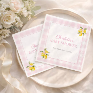Pink Gingham Lemon Girl Baby Shower Napkins