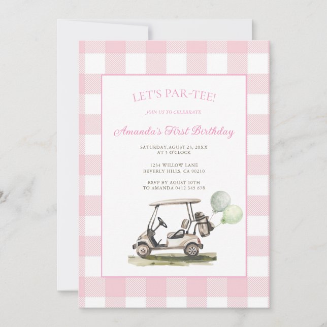 Pink Gingham Let's Par-Tee Golf  Birthday Party  Invitation (Front)