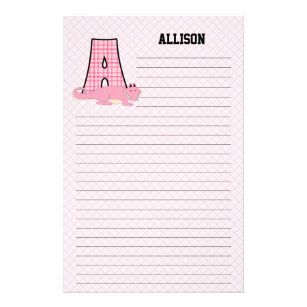 Pink Gingham Letter A Girl's Monogram Stationery