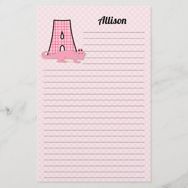 Pink Gingham Letter A Girl's Monogram Stationery (Front)