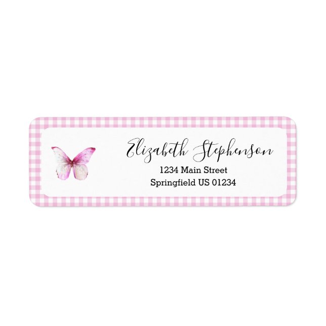 Pink Gingham Little Butterfly Return Address Label (Front)