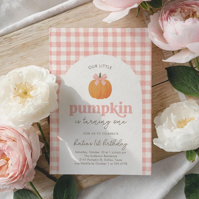 Pink Gingham Little Pumpkin 1st Birthday Invitation (Creator Uploaded)