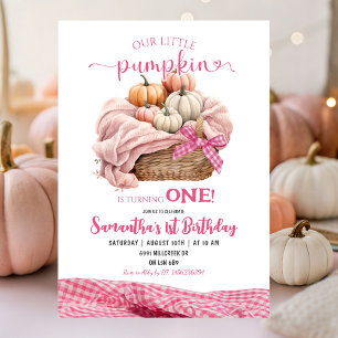Pink Gingham Little Pumpkin Birthday Invitation