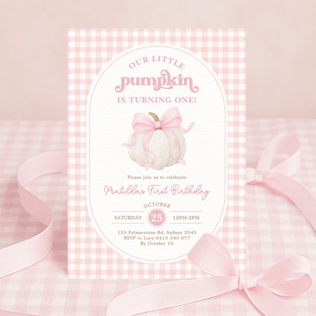 Pink Gingham Little Pumpkin Girl Birthday Party Invitation (Creator Uploaded)