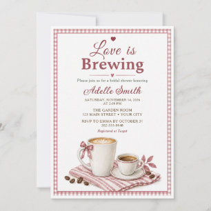 Pink Gingham Love Is Brewing Coffee Bridal Shower Invitation
