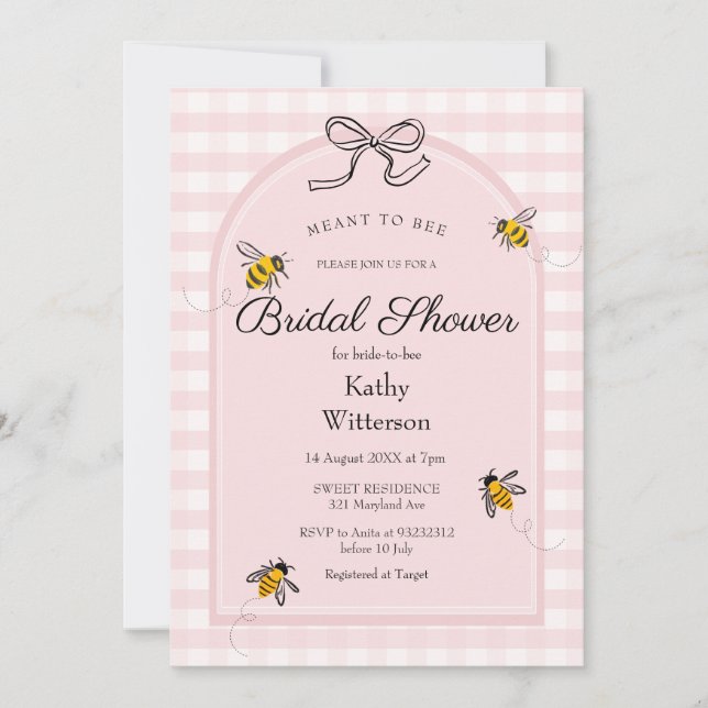 Pink Gingham Meant To Bee Bridal Shower  Invitation (Front)