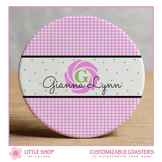 Pink Gingham Monogram Round Paper Coaster (Creator Uploaded)