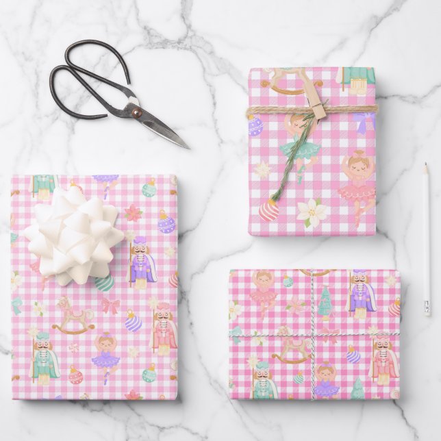 Pink Gingham Nutcracker Birthday Wrapping Paper Sheet (Front)