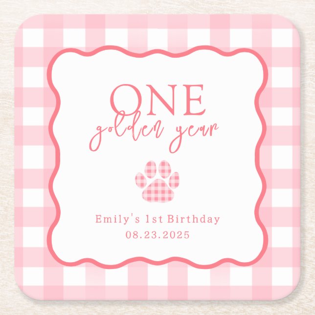Pink Gingham One Golden Year Girls First Birthday Square Paper Coaster (Front)