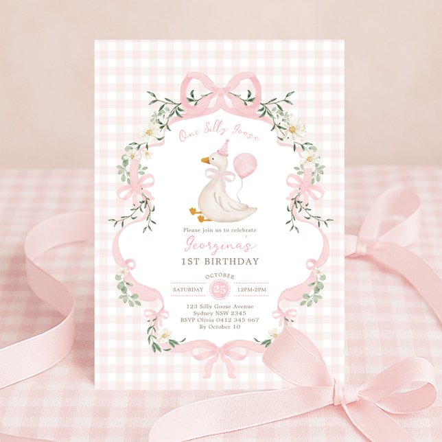 Pink Gingham One Silly Goose Balloon Girl Birthday Invitation (Creator Uploaded)
