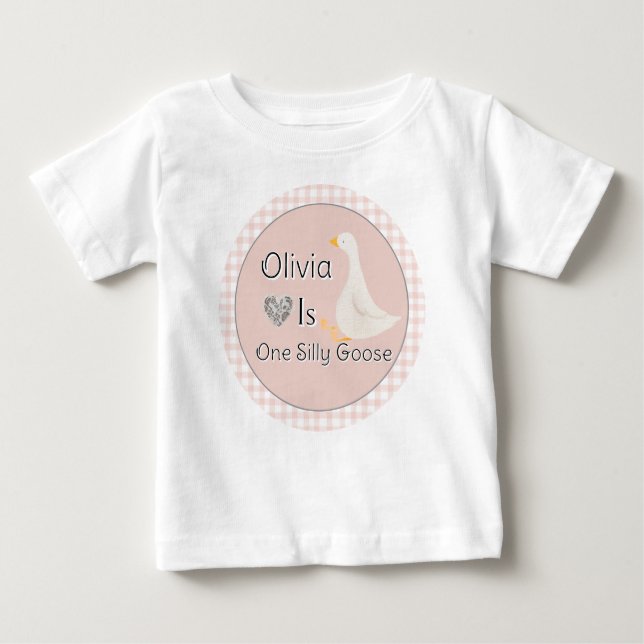 Pink Gingham One Silly Goose Girl's Birthday Party Baby T-Shirt (Front)