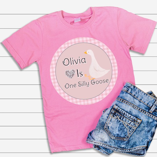 Pink Gingham One Silly Goose Girl's Birthday Party Baby T-Shirt (Pink Gingham One Silly Goose Girl's Birthday Party Baby T-Shirt)