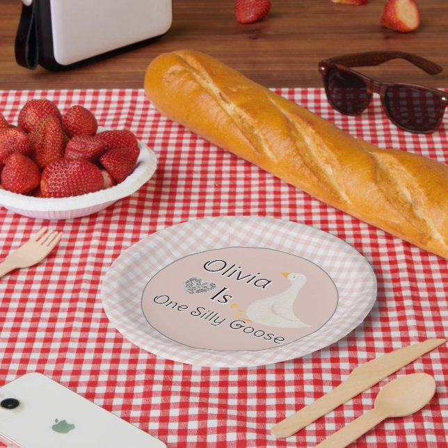 Pink Gingham One Silly Goose Girl's Birthday Party Paper Plate (Picnic)