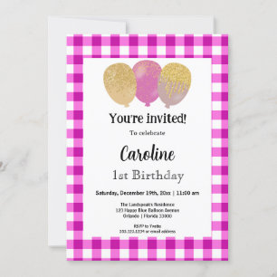 Pink Gingham, Party Balloons 1st Birthday Invitation