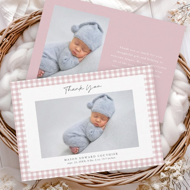 Pink Gingham Pattern Girls Photo Thank You Card (Pink Gingham Check Baby Boys Photo Thank You Note Cards.)