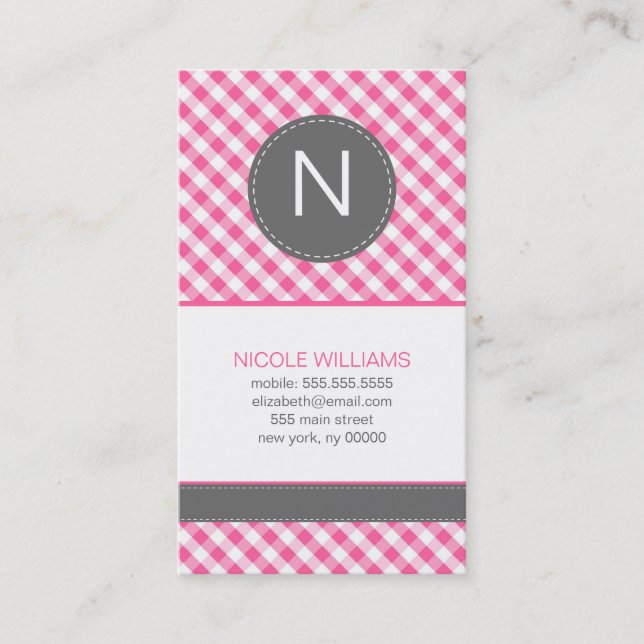 Pink Gingham Pattern Monogram Social Calling Cards (Front)