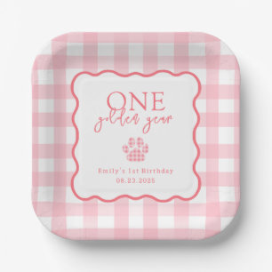 Pink Gingham Paw Print Girls First Birthday Party Paper Plate