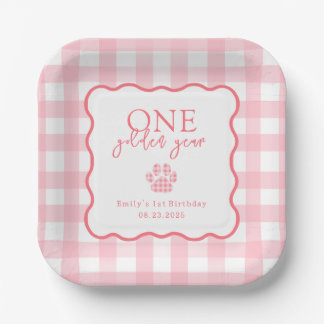 Pink Gingham Paw Print Girls First Birthday Party Paper Plate
