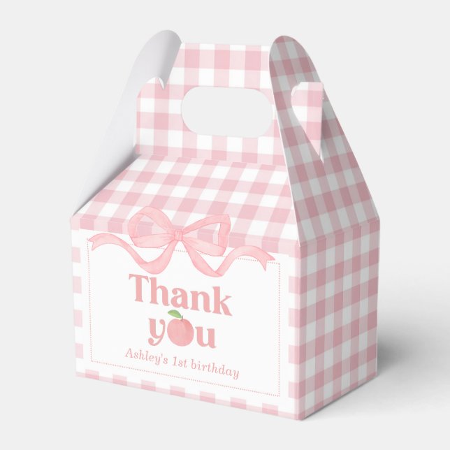 Pink Gingham Peach First Birthday Favour Box (Front Side)