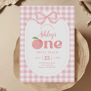 Pink Gingham Peach First Birthday Invitation