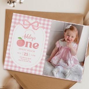 Pink Gingham Peach First Birthday Photo Invitation