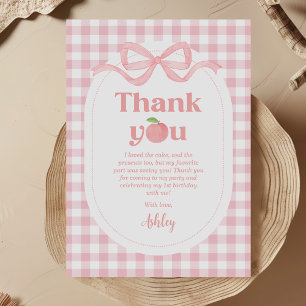 Pink Gingham Peach First Birthday Thank You Card