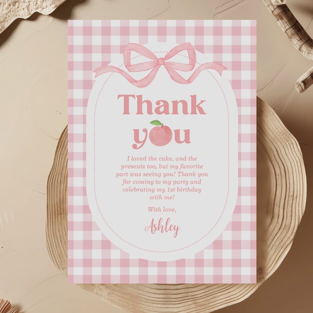 Pink Gingham Peach First Birthday Thank You Card (Creator Uploaded)