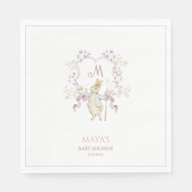 Pink Gingham Peter the Rabbit Crest Baby Shower  Napkin (Front)