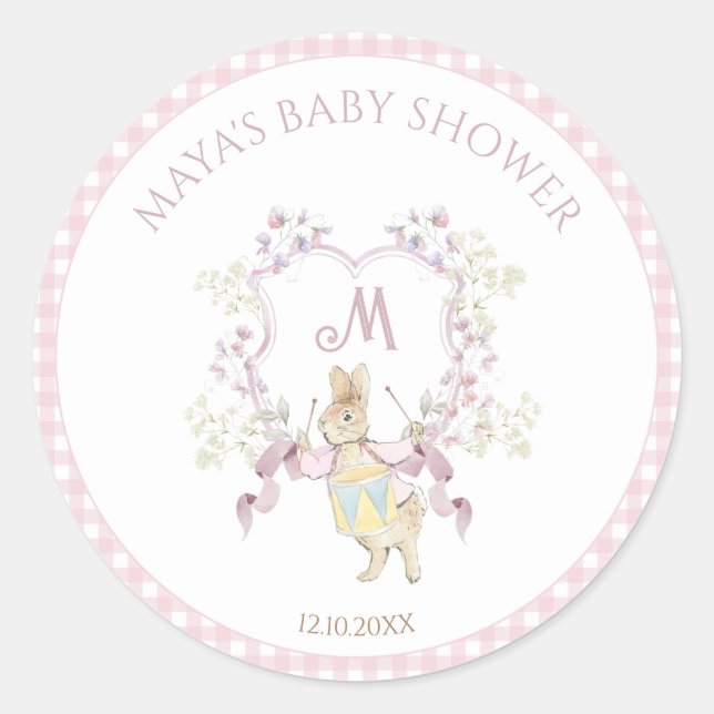 Pink Gingham Peter the Rabbit Monogram Baby Shower Classic Round Sticker (Front)