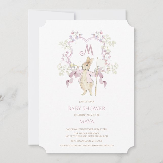 Pink Gingham Peter the Rabbit Monogram Baby Shower Invitation (Front)