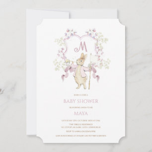 Pink Gingham Peter the Rabbit Monogram Baby Shower Invitation