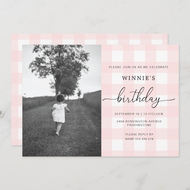 Pink Gingham Photo Birthday Invitation (Front/Back)