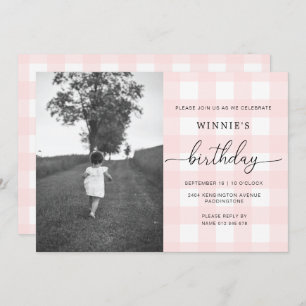 Pink Gingham Photo Birthday Invitation