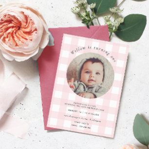 Pink Gingham Photo Birthday Invitation