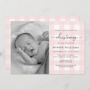 Pink Gingham Photo Christening Invitation