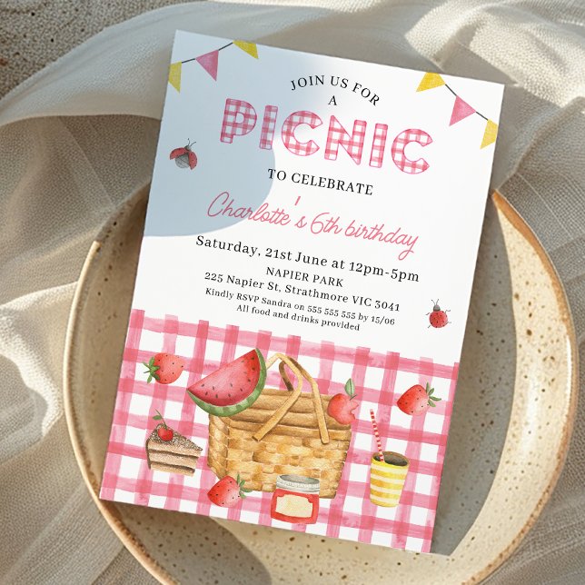 Pink Gingham Picnic Basket Picnic Birthday  Invitation (Girls Pink Gingham Picnic Birthday Invitation, Summer Outdoor Birthday Party Invite, Picnic Basket )