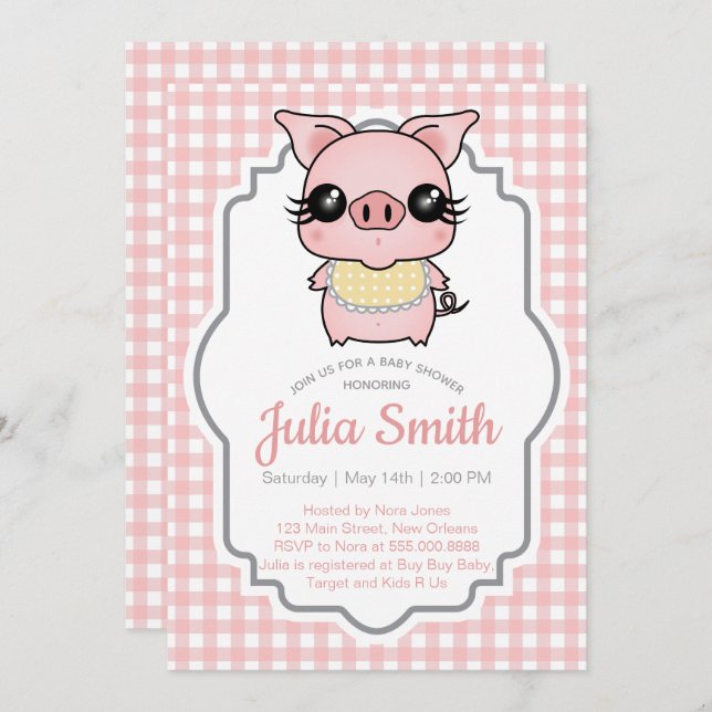 Pink Gingham Piggy Baby Shower Invitation (Front/Back)