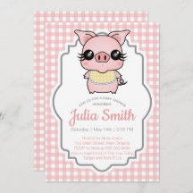 Pink Gingham Piggy Baby Shower Invitation