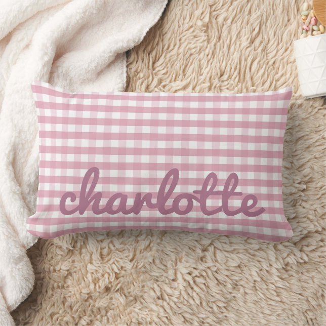 Pink Gingham Pillow with Name in Script Font (Blanket)