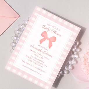 Pink Gingham Pink Bow Baby Shower Invitation