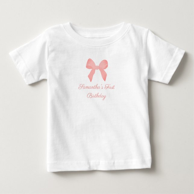 Pink Gingham Pink Bow Birthday Baby T-Shirt (Front)