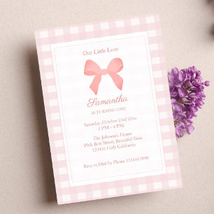 Pink Gingham Pink Bow Birthday Invitation