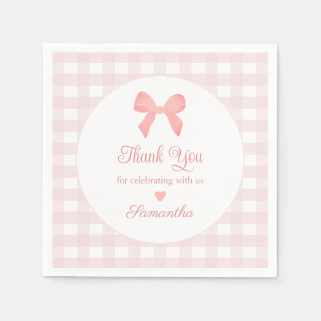 Pink Gingham Pink Bow Birthday Napkin (Front)