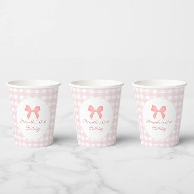 Pink Gingham Pink Bow Birthday Paper Cups (Multi)