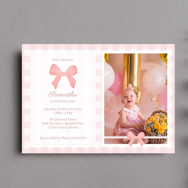 Pink Gingham Pink Bow Birthday Photo Invitation (Creator Uploaded)